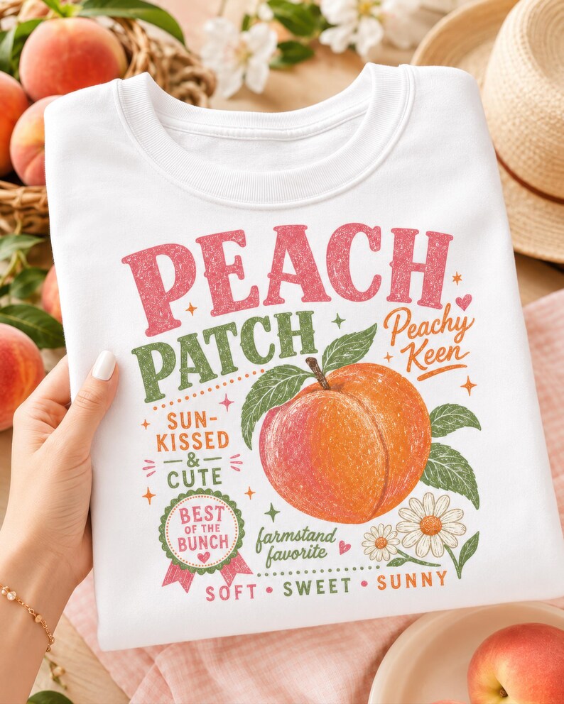 May include: A white sweatshirt featuring a colorful graphic print of a peach with green leaves and daisies. The text reads PEACH PATCH, Peachy Keen, SUN-KISSED & CUTE, BEST OF THE BUNCH, farmstand favorite, and SOFT SWEET SUNNY in various fonts and colors.