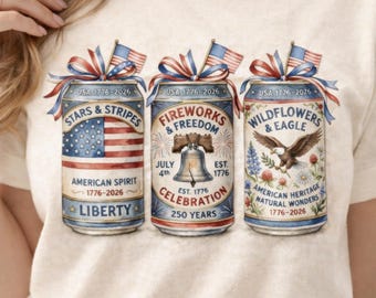 Amerikas 250-årsjubileumsläsk PNG-paket, Retro USA 250 läskburkar digital png, Vintage Patriotic USA 1776-2026 png Sublimeringspaket