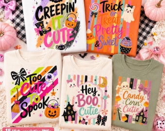 Retro gestreepte Halloween-png-bundel, POD-winkeleigenaren, Halloween-sublimatieset, griezelige schattige Halloween-png