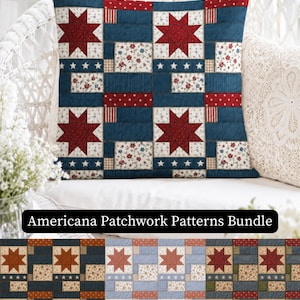 May include: Square throw pillow with a patchwork design featuring red stars, blue denim-like fabric, floral patterns, and white stars. The pillow is part of an "Americana Patchwork Patterns Bundle".