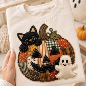 May include: A cream-colored crewneck sweatshirt featuring a large, central appliqué of a patchwork pumpkin. The pumpkin is decorated with a black cat peeking over the top and a small white ghost figure attached to the lower right side.