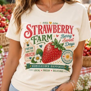 May include: A cream-colored t-shirt featuring a graphic print with the text Strawberry Farm, Berry Sweet Days, Fresh From The Patch, Picked For Sunshine, and Homegrown Happiness, Local, Fresh, Delicious, alongside a large red strawberry.