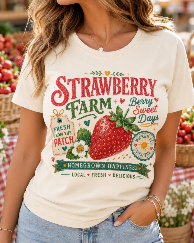 May include: A cream-colored t-shirt featuring a graphic print with the text Strawberry Farm, Berry Sweet Days, Fresh From The Patch, Picked For Sunshine, and Homegrown Happiness, Local, Fresh, Delicious, alongside a large red strawberry.