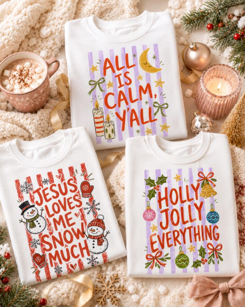 May include: Three white crewneck sweatshirts featuring festive holiday graphics. One displays "ALL IS CALM, Y'ALL" with a moon and candles. Another shows "JESUS LOVES ME SNOW MUCH" with snowmen. The third reads "HOLLY JOLLY EVERYTHING" with ornaments.