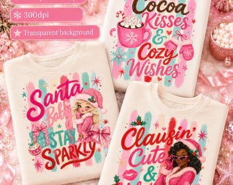 Pink Christmas Clipart PNG Bundle, Christmas T-shirt Makers, Retro Christmas PNGs, Girly Holiday PNG