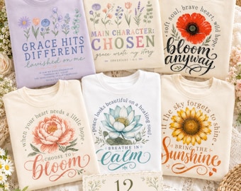 12 inspirerende Faith PNG-bundel, christelijke sublimatieontwerpen, digitale kunst bijbelvers, bemoedigende citaten voor POD-shirts, bloemenprints