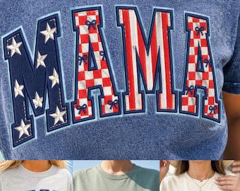 Namaakgeborduurde patriottische mama Nana Gigi png, geruite patriottische moeder DTF-ontwerp, rood wit blauwe strikken, coquette 4 juli, Amerika 250