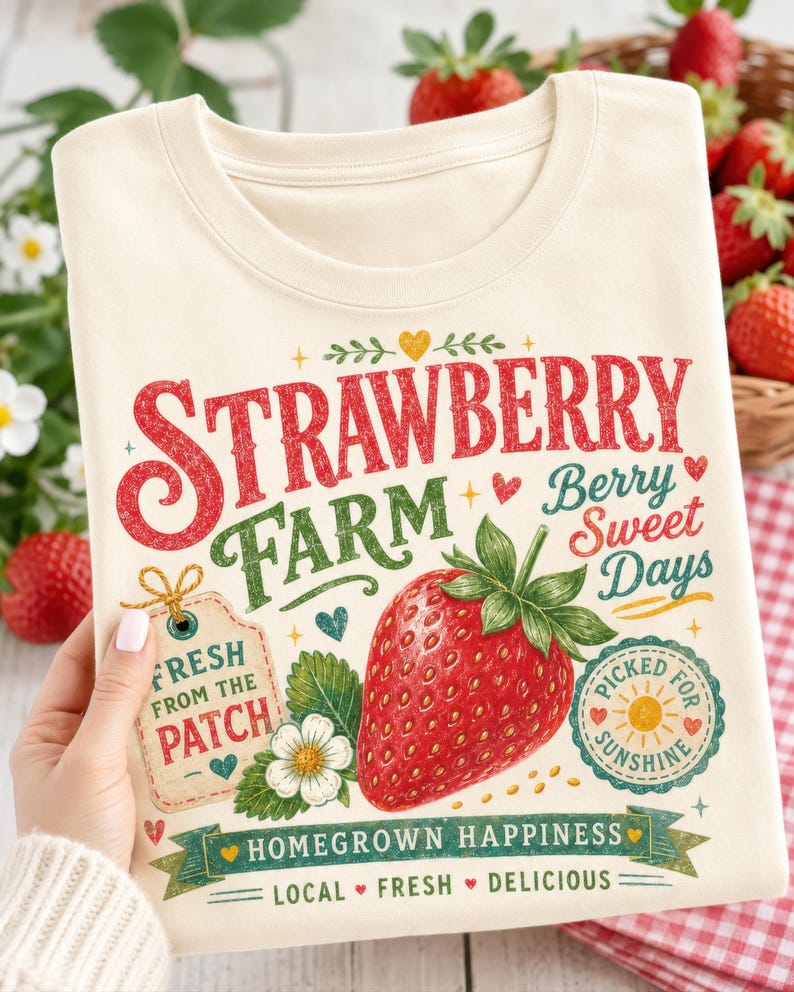 May include: A cream-colored t-shirt featuring a graphic print with the text "STRAWBERRY FARM," "Berry Sweet Days," "FRESH FROM THE PATCH," "PICKED FOR SUNSHINE," and "HOMEGROWN HAPPINESS." The design includes a large red strawberry, a white flower, and small hearts.