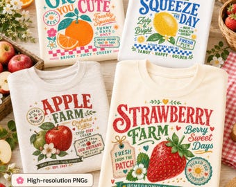 Vintage Farmer’s Market PNG Bundle, Retro Strawberry PNG, Vintage Fruit Shirt Design, Summer Fruit Designs