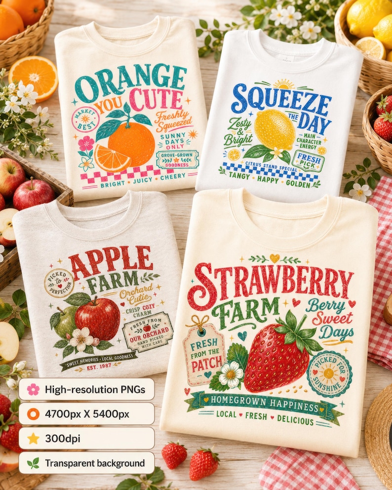 May include: Four folded crewneck sweatshirts featuring colorful graphic prints of fruit and text. The designs include Orange You Cute, Squeeze The Day, Apple Farm, and Strawberry Farm, each with detailed illustrations of oranges, lemons, apples, and strawberries.