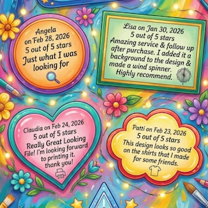 May include: A colorful digital illustration featuring five customer reviews displayed in various shapes including a rectangle, circle, heart, cloud, and star. The background is filled with vibrant paint swirls, glowing string lights, flowers, and paintbrushes.