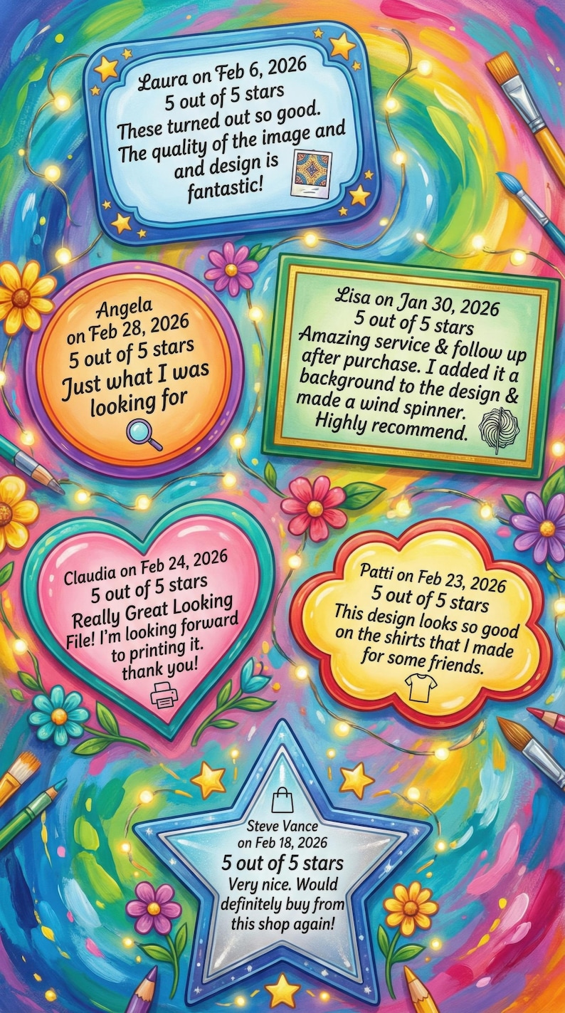 May include: A colorful digital illustration featuring five customer reviews displayed in various shapes including a rectangle, circle, heart, cloud, and star. The background is filled with vibrant paint swirls, glowing string lights, flowers, and paintbrushes.