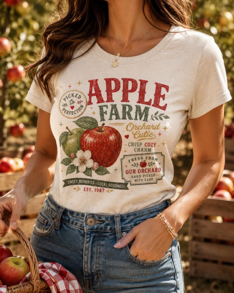 May include: A cream-colored short-sleeve t-shirt featuring a graphic print with the text APPLE FARM, Orchard Cutie, Crisp Cozy Charm, Fresh From Our Orchard, Hand Picked With Care, Sweet Memories Local Goodness, and Est. 1987, alongside red and green apples.