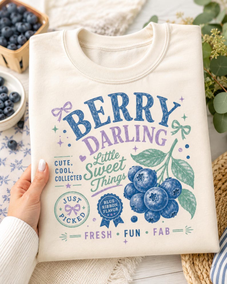 May include: A cream-colored crewneck sweatshirt featuring a graphic print of blueberries on a branch with the text BERRY DARLING, Little Sweet Things, CUTE, COOL, COLLECTED, JUST PICKED, BLUE RIBBON FLAVOR, and FRESH, FUN, FAB with small bow icons.
