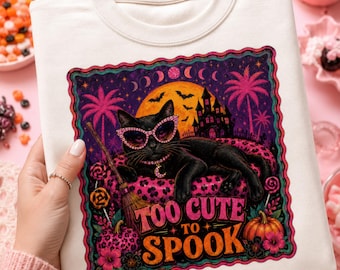 Glam Halloween Black Cat PNG-bundel, Halloween Black Cat-sublimatie, retro roze luipaardprint Halloween, shirt zwarte kat, zwarte kat kunst