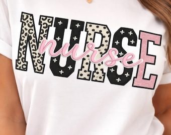 Verpleegkundige PNG-bundel voor shirts, geschenken verpleegkundige, coquette verpleegkundige png, roze luipaardscript, shirtontwerp verpleegkundige, nepborduurwerk verpleegkundige png
