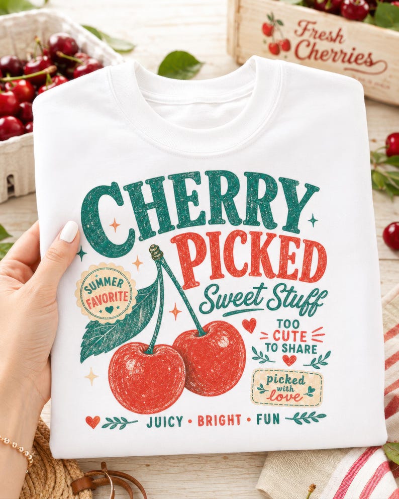 May include: A white crewneck sweatshirt featuring a graphic print of two red cherries with green stems and leaves. The text reads CHERRY PICKED Sweet Stuff, SUMMER FAVORITE, TOO CUTE TO SHARE, picked with love, and JUICY BRIGHT FUN in red and green.