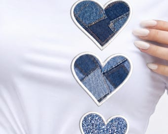Patchwork denim hart png-bundel, hart clipart imitatie borduurwerk, hart png-set imitatie borduurwerk hart, trendy girly png, patchwork harten png