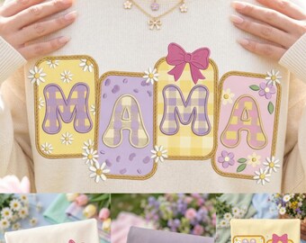 Floral Mama Nana PNG Bundle, Preppy Faux Embroidered Mom Shirt Sublimation Design, Patchwork Mama PNG, Mother’s Day PNG, Chenille Patch png
