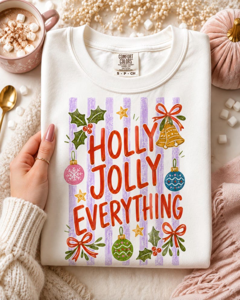 May include: A white crewneck sweatshirt featuring a graphic print with the text "HOLLY JOLLY EVERYTHING" in red letters. The design includes purple vertical stripes, green holly leaves, red berries, gold bells, and colorful Christmas ornaments.
