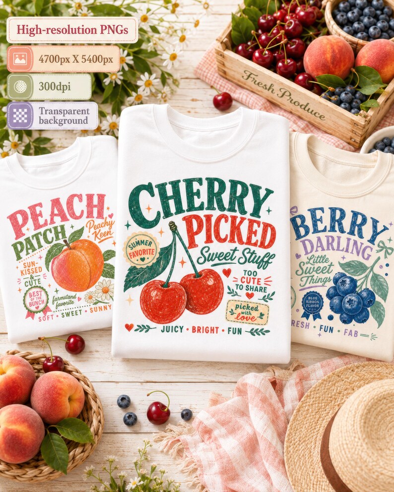 May include: Three white t-shirts featuring colorful graphic prints. The left shirt displays a peach with the text Peach Patch. The center shirt shows two cherries with the text Cherry Picked Sweet Stuff. The right shirt features blueberries with the text Berry Darling.