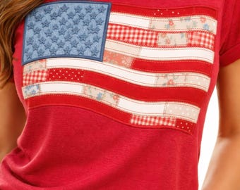 Nepgeborduurde Amerikaanse vlag png, vintage patchwork patriottische png, 4 juli sublimatieafbeelding, vlag Cottagecore VS