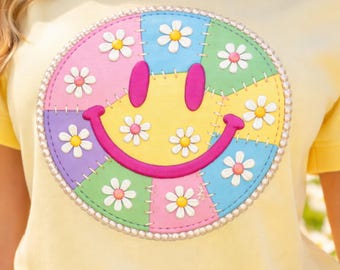 Floral Smiley Patchwork PNG, Girly PNG, Faux Embroidery Png, Cottage Core Gingham Patchwork PNG, Summer Smiley Patchwork, Smiley Face Png
