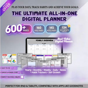Può includere: Un'agenda digitale con oltre 600 pagine, tra cui 160 pagine giornaliere, 145 pagine di note e 134 pagine di crescita personale. Progettata per iPad e tablet, offre visualizzazioni annuali, mensili, settimanali e giornaliere, tracker delle abitudini e strumenti di crescita personale.