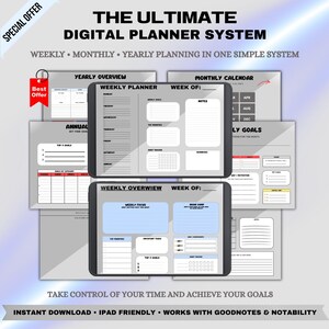 Può includere: Sistema di pianificazione digitale con opzioni di pianificazione settimanale, mensile e annuale. L'immagine mostra varie pagine del pianificatore, inclusi calendari settimanali e mensili, tracker degli obiettivi e panoramiche. Il testo include "The Ultimate Digital Planner System".