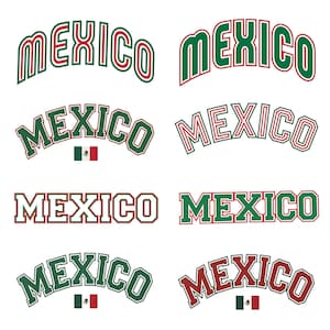 May include: A collection of eight graphic designs featuring the word MEXICO in various fonts and styles. The designs utilize a color palette of green, white, and red, with some versions incorporating the Mexican flag icon below the text.