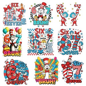 Puede incluir: Una colección de gráficos coloridos con temática de cumpleaños que presentan los números "6" y "7". Los diseños incorporan personajes y elementos de los libros del Dr. Seuss, con textos como "SIX", "SEVEN" y "BRUH!". La paleta de colores incluye rojo, azul y blanco.