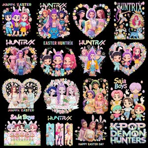 May include: A collection of colorful digital illustrations featuring cartoon characters with bunny ears, Easter eggs, and floral accents. Text includes "HAPPY EASTER", "HUNTR/X", "SAJA BOYS", and "KPOP DEMON HUNTERS".