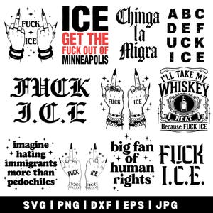 May include: A collection of black and white graphic designs with text and illustrations. The designs include phrases like "FUCK ICE", "I'll take my whiskey", and "big fan of human rights". The image also features hands with middle fingers raised.