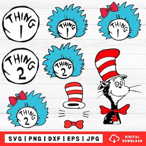 Może przedstawiać: Kolekcja grafik w stylu Dr. Seussa. Zawiera projekty Thing 1 i Thing 2, każdy z niebieskim, kolczastym obrysem przypominającym włosy i czerwoną kokardą. Zawiera również Kota w kapeluszu, czerwono-biały kapelusz w paski i czerwoną muszkę. Na dole obrazu znajduje się tekst "SVG | PNG | DXF | EPS | JPG".