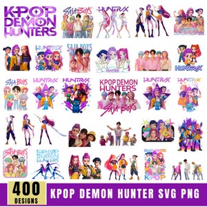 Puede incluir: Una colección de diseños digitales con temática K-Pop. La imagen presenta varias ilustraciones de personajes estilizados y elementos de texto, incluyendo "K-Pop Demon Hunters", "Saja Boys" y "Huntrix". Los diseños son de colores vibrantes e incluyen el texto "400 Designs".