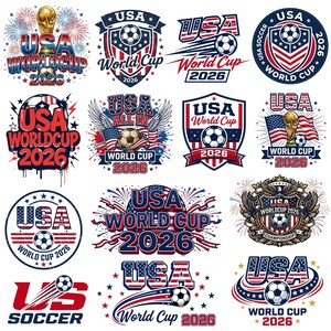 May include: A collection of sixteen graphic designs featuring the text USA World Cup 2026, incorporating soccer balls, the American flag, gold trophies, stars, stripes, and fireworks in red, white, and blue color schemes for various sports logos.