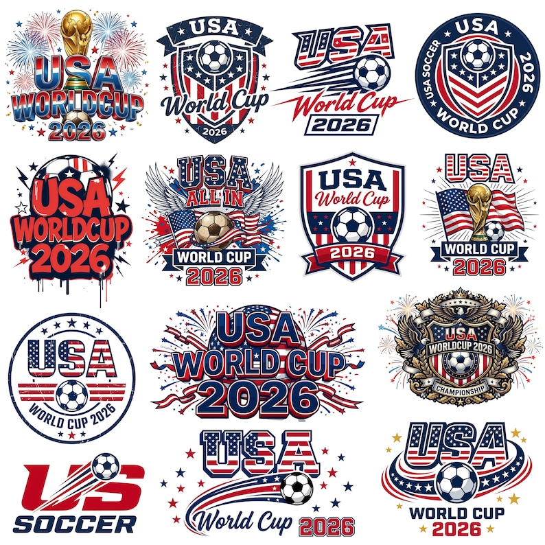 May include: A collection of sixteen graphic designs featuring the text USA World Cup 2026, incorporating soccer balls, the American flag, gold trophies, stars, stripes, and fireworks in red, white, and blue color schemes for various sports logos.