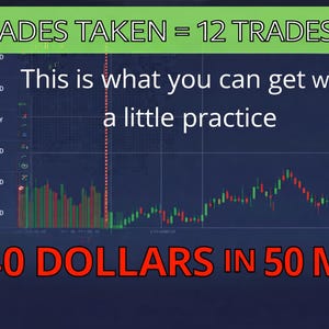 Puede incluir: Un gráfico de trading digital con líneas verdes y rojas, que muestra datos financieros. El texto incluye "12 OPERACIONES REALIZADAS = 12 OPERACIONES GANADAS" y "1140 DÓLARES EN 50 MIN". El gráfico muestra pares de divisas y marcas de tiempo.