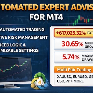 Puede incluir: Anuncio de un asesor experto automatizado para MT4, con una pantalla de ordenador que muestra un gráfico financiero. La imagen destaca características como el trading totalmente automatizado, la gestión de riesgos adaptativa y la configuración personalizable.