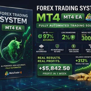 May include: A dark box with the text "FOREX TRADING SYSTEM MT4 EA" and a green bull graphic. The image also includes charts, financial data, and the text "FULLY AUTOMATED TRADING SOLUTION."