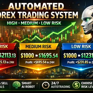Pode incluir: Anúncio de um sistema de negociação Forex automatizado. A imagem apresenta um robô futurista, um gráfico verde ascendente e indicadores de nível de risco: Alto, Médio e Baixo. O texto inclui "Sinais de compra e venda" e "Negociação automática 24/7".