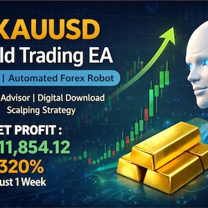 Peut inclure: Image publicitaire pour un conseiller expert en trading d'or. Elle présente un robot futuriste, des lingots d'or et un graphique financier avec une tendance à la hausse. Le texte comprend "XAUUSD Gold Trading EA" et les détails des bénéfices.