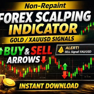May include: A digital graphic promoting a Forex scalping indicator. The image features text that reads "FOREX SCALPING INDICATOR" and "GOLD/XAUUSD SIGNALS." It includes buy and sell arrows, a chart, and gold coins. The text "INSTANT DOWNLOAD" is also present.