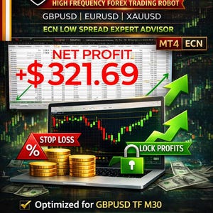 Pode incluir: Um anúncio para Ultimate Pro Scalper EA MT4, um robô de negociação Forex de alta frequência. A imagem mostra um laptop exibindo gráficos de negociação, um lucro de 298,80 €, e os textos "Stop Loss" e "Lock Profits."