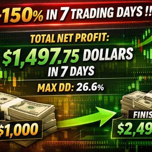 Può includere: Un'infografica con sfondo verde e nero mostra la crescita finanziaria. Il testo indica un aumento del 150% in 7 giorni, con un profitto netto totale di $1.497,75. Sono presenti pile di banconote, con un capitale iniziale di $1.000 e un finale di $2.497.