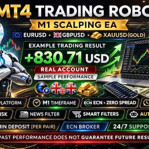 Puede incluir: Imagen promocionando un robot de trading MT4, con un robot futurista, un portátil mostrando un gráfico de trading, lingotes de oro y un smartphone. El texto incluye "+830.71 USD" y términos relacionados con el trading.