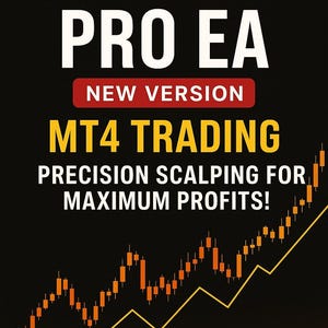 Può includere: Sfondo nero con testo giallo e bianco che recita "SCALPER PRO EA" e "MT4 TRADING". Sotto il testo c'è "PRECISION SCALPING FOR MAXIMUM PROFITS!". Uno striscione rosso recita "NEW VERSION". Un grafico a linee giallo è sullo sfondo.