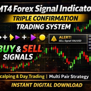 May include: Digital graphic promoting a MT4 Forex Signal Indicator. The image features a chart with green and red bars, arrows, and the text "BUY & SELL SIGNALS." It also includes the text "ALERT! SELL Signal! XAU/USD" and "INSTANT DIGITAL DOWNLOAD."