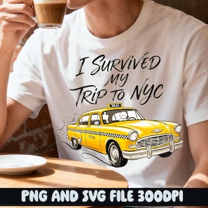 May include: A white short-sleeved t-shirt featuring a graphic of a yellow vintage taxi cab with a checkerboard stripe and the text I SURVIVED MY TRIP TO NYC in black script and block lettering. The design includes a small sad face driver.