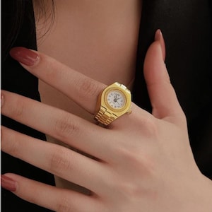 Gold Quartz Watch Ring, Adjustable Fashion Statement